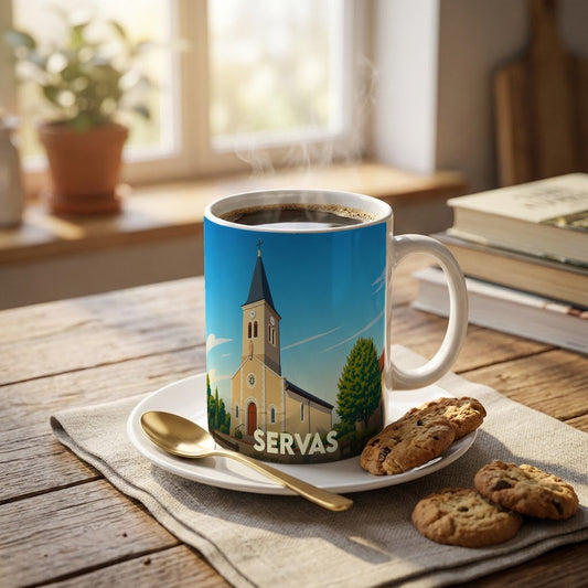 Mug souvenir de la ville de Servas orné d'une illustration stylisée de son église.