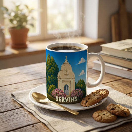 Mug souvenir de la ville de Servins orné d'une illustration stylisée de sa chapelle.