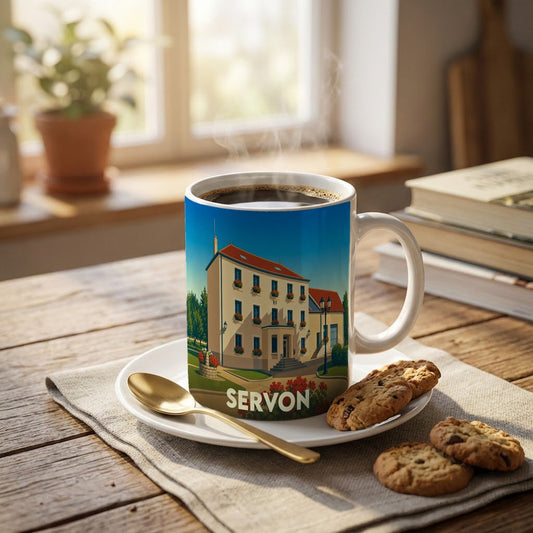 Mug souvenir de la ville de Servon avec une illustration stylisée d'un bâtiment communal.