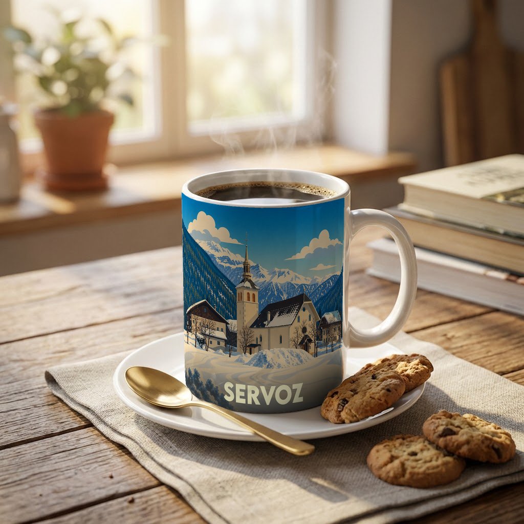 Mug souvenir de la ville de Servoz illustré d'un paysage de montagne enneigé avec son église typique.