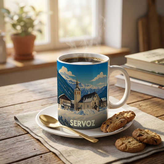 Mug souvenir de la ville de Servoz illustré d'un paysage de montagne enneigé avec son église typique.