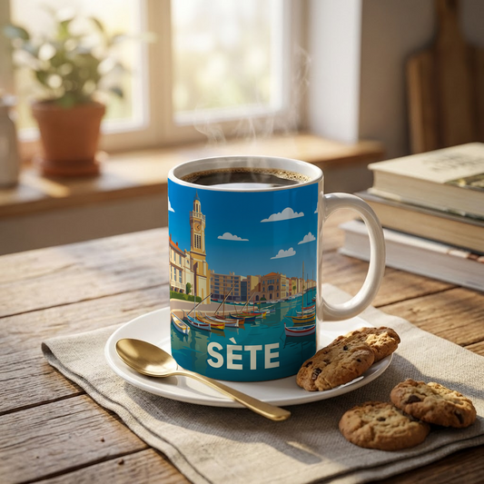 Mug souvenir de la ville de Sète orné d'une illustration stylisée de son port.