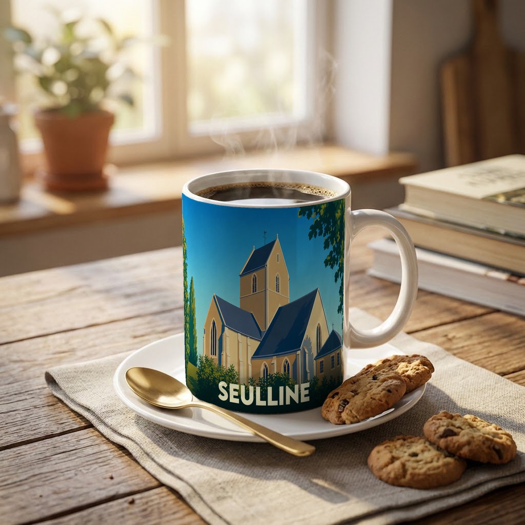 Mug souvenir de la ville de Seulline avec une illustration stylisée d'une église.