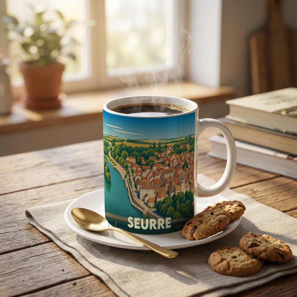 Mug souvenir de la ville de Seurre orné d'une illustration panoramique colorée.