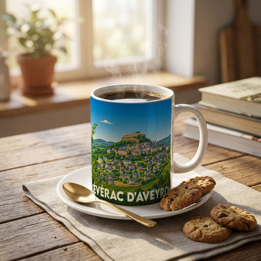Mug souvenir de la ville de Sévérac d'Aveyron orné d'une illustration stylisée du village et de son château.