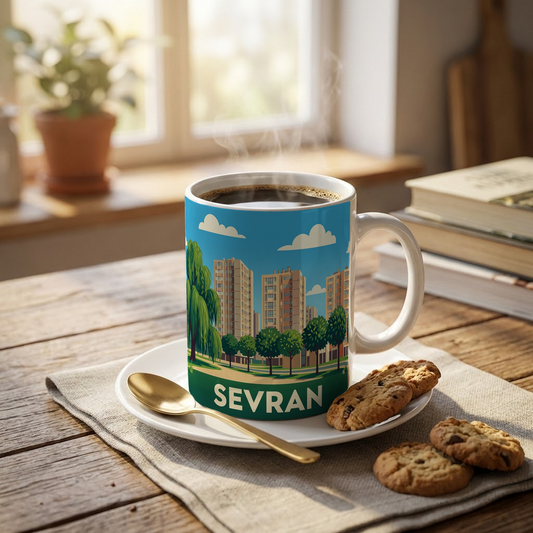 Mug souvenir de la ville de Sevran avec une illustration stylisée de son paysage urbain.