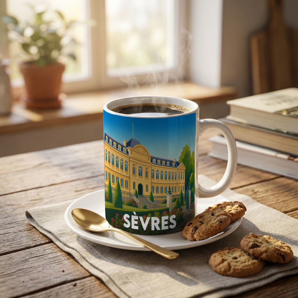 Mug souvenir de la ville de Sèvres avec une illustration stylisée de son patrimoine.