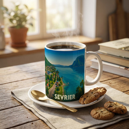 Mug souvenir de la ville de Sevrier illustré d'un paysage lacustre stylisé.