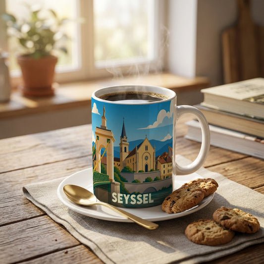 Mug souvenir de la ville de Seyssel orné d'une illustration stylisée de son pont et de son église.