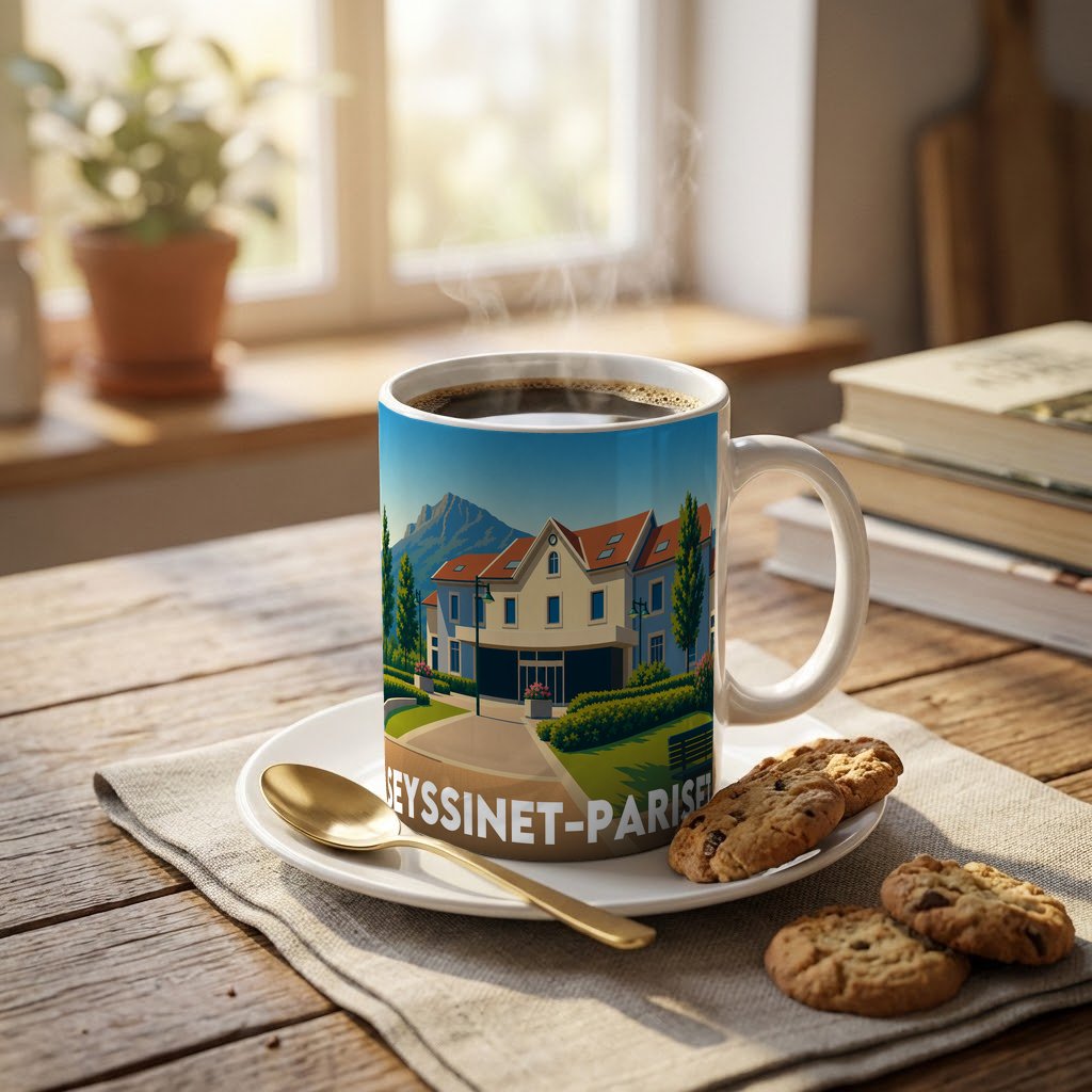 Mug souvenir de la ville de Seyssinet-Pariset avec une illustration stylisée.