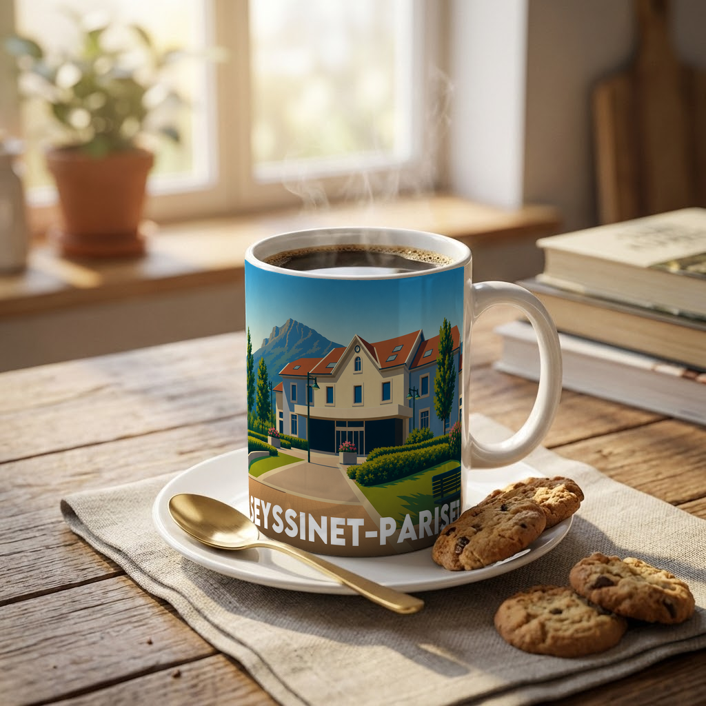 Mug souvenir de la ville de Seyssinet-Pariset avec une illustration stylisée.