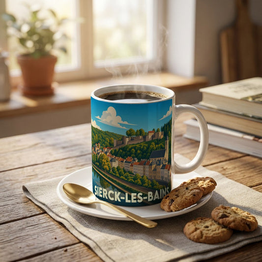 Mug souvenir de la ville de Sierck-les-Bains avec une illustration stylisée d'un paysage urbain et historique.