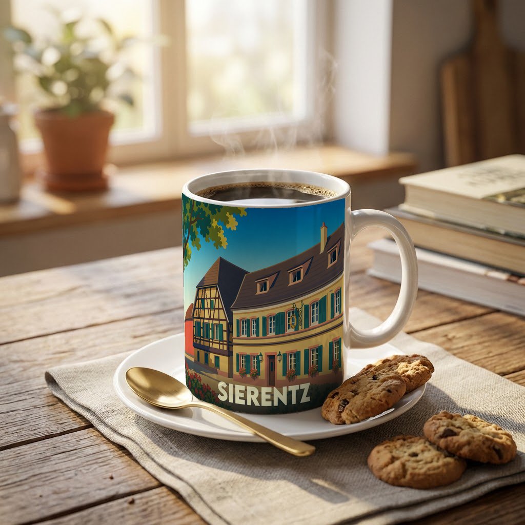 Mug souvenir de la ville de Sierentz illustré d'un décor traditionnel alsacien.