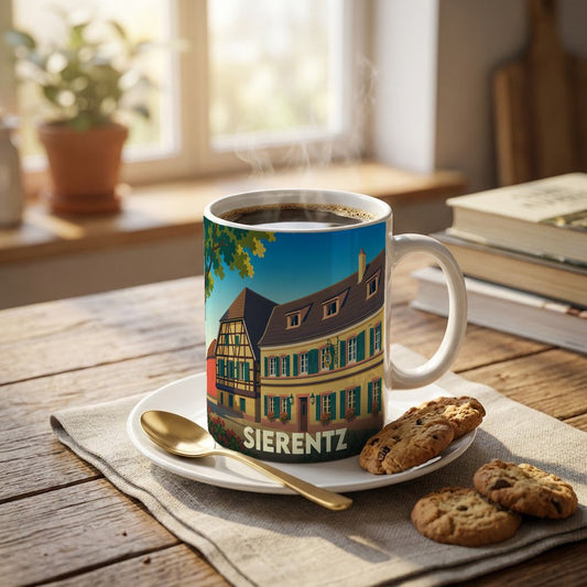 Mug souvenir de la ville de Sierentz illustré d'un décor traditionnel alsacien.
