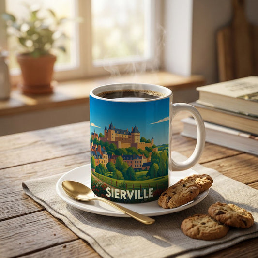 Mug souvenir de la ville de Sierville orné d'une illustration stylisée de son château et ses maisons.