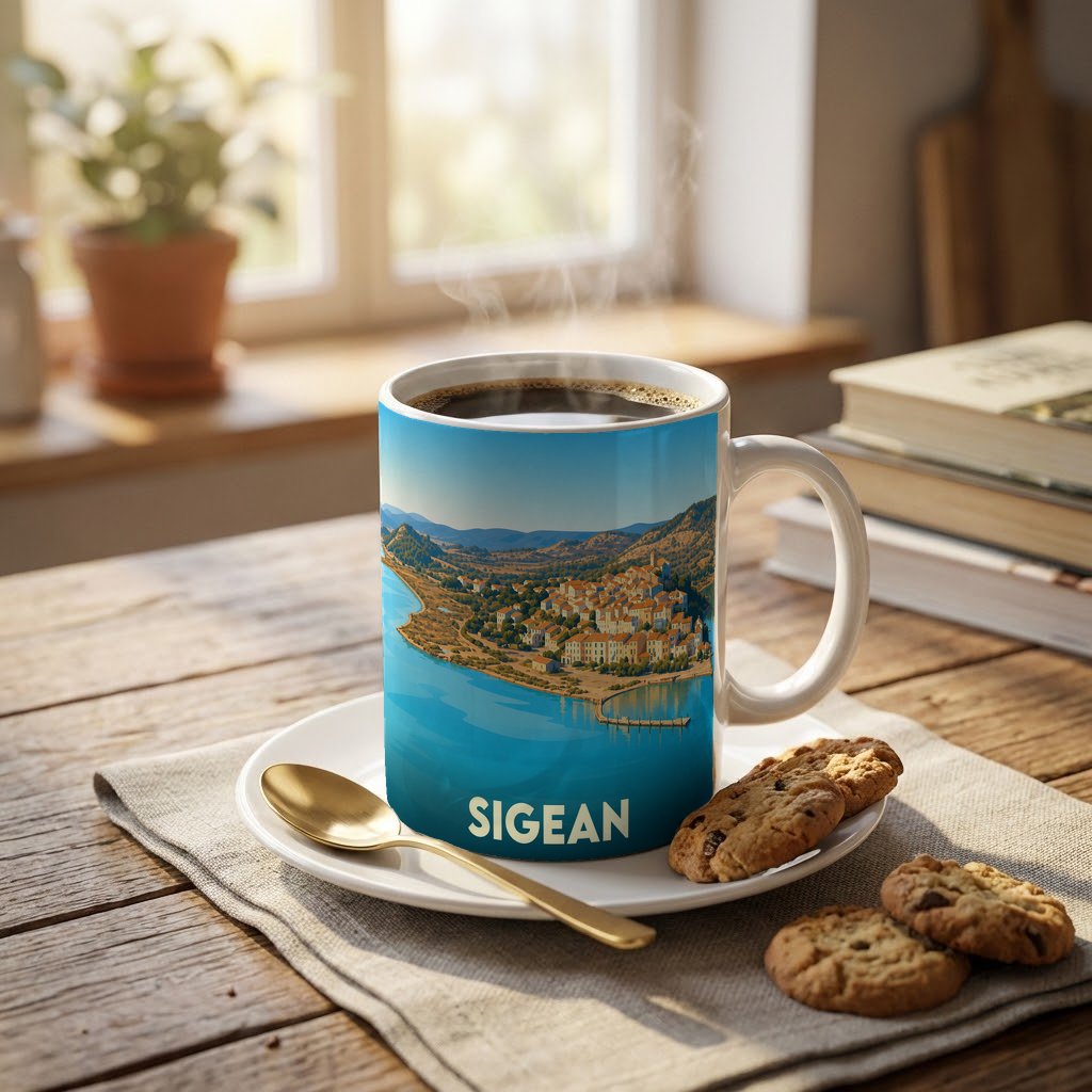 Mug souvenir de la ville de Sigean orné d'une illustration stylisée du littoral et de ses maisons colorées.