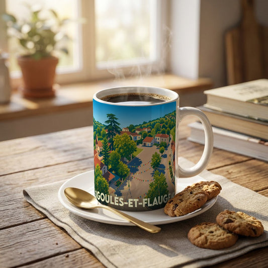 Mug souvenir de la ville de Sigoulès-et-Flaugeac orné d'une illustration stylisée du village.