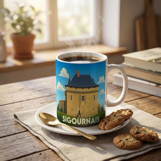 Mug souvenir de la ville de Sigournais orné d'une illustration stylisée du château local.
