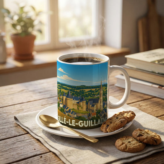 Mug souvenir de la ville de Sillé-le-Guillaume orné d'une illustration panoramique stylisée.