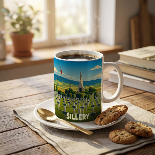 Mug souvenir de la ville de Sillery avec une illustration stylisée d'un cimetière militaire.