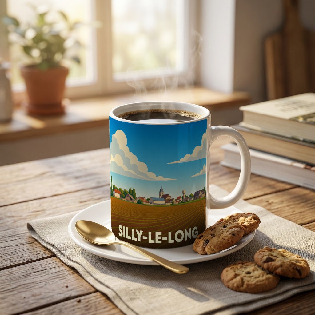Mug souvenir de la ville de Silly-le-Long orné d'une illustration champêtre stylisée.