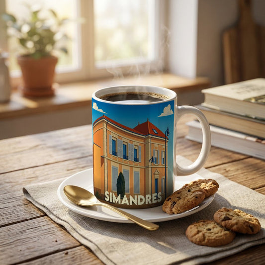 Mug souvenir de la ville de Simandres avec une illustration stylisée d'un bâtiment remarquable.