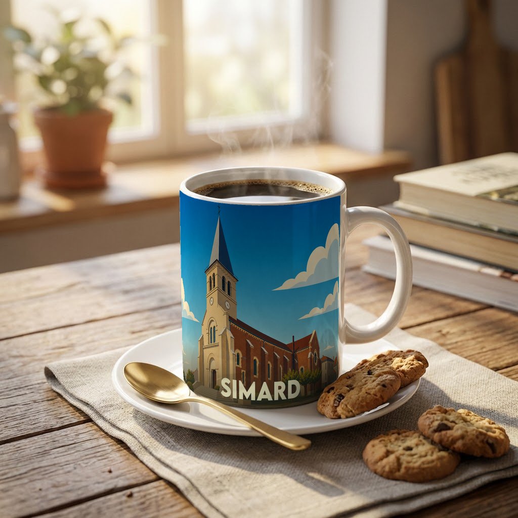 Mug souvenir de la ville de Simard avec une illustration stylisée d'une église sous un ciel bleu.