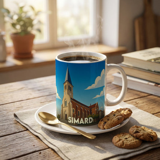Mug souvenir de la ville de Simard avec une illustration stylisée d'une église sous un ciel bleu.