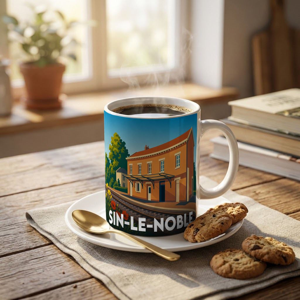 Mug souvenir de la ville de Sin-le-Noble avec une illustration graphique colorée.
