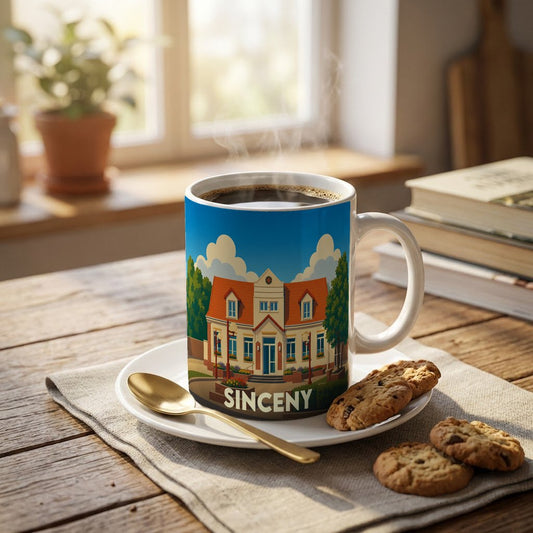 Mug souvenir de la ville de Sinceny orné d'une illustration stylisée de sa mairie.