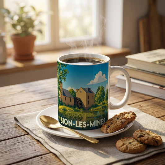 Mug souvenir de la ville de Sion-les-Mines avec une illustration stylisée d'un moulin à eau.