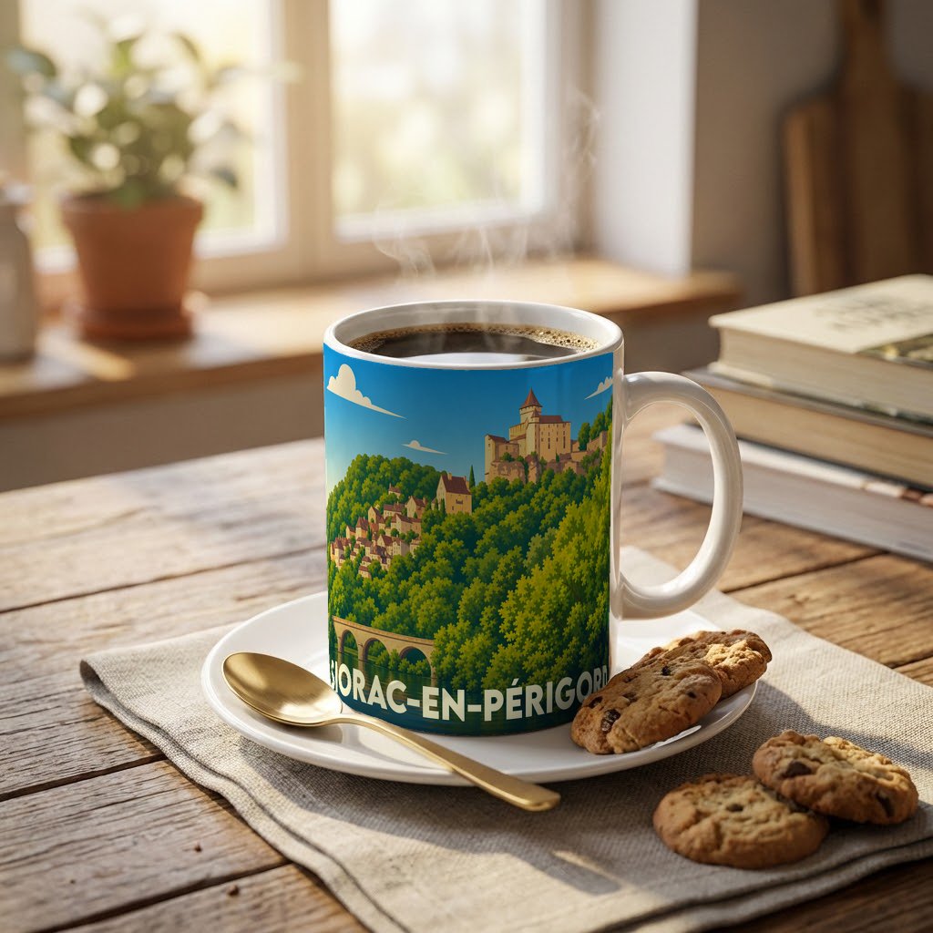Mug souvenir de Siorac-en-Périgord orné d'une illustration stylisée du village et de son château sur une colline boisée.