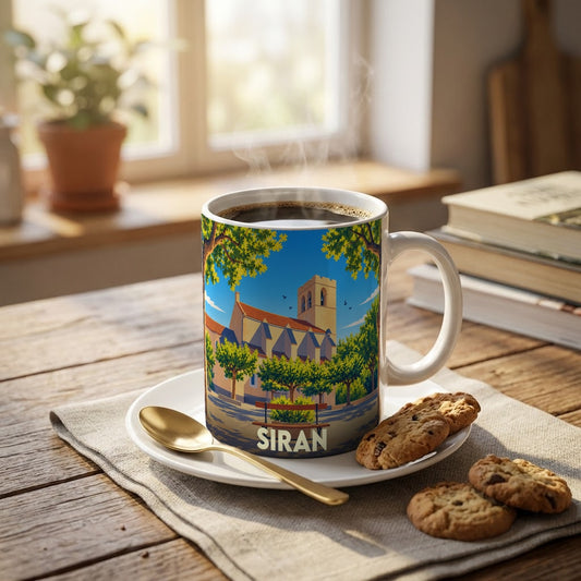 Mug souvenir de la ville de Siran orné d'une illustration stylisée représentant son église et ses paysages ensoleillés.