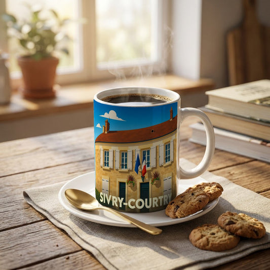 Mug souvenir de la ville de Sivry-Courtry illustré par une scène urbaine stylisée.