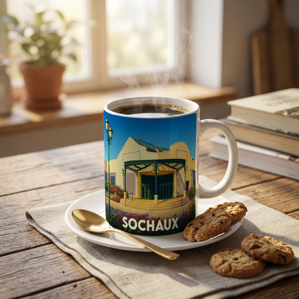 Mug souvenir de la ville de Sochaux orné d'une illustration stylisée du Musée de l'Aventure Peugeot.