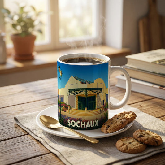 Mug souvenir de la ville de Sochaux orné d'une illustration stylisée du Musée de l'Aventure Peugeot.