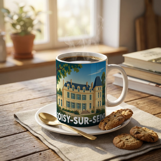 Mug souvenir de la ville de Soisy-sur-Seine illustré d'un château stylisé, posé sur une table en bois.