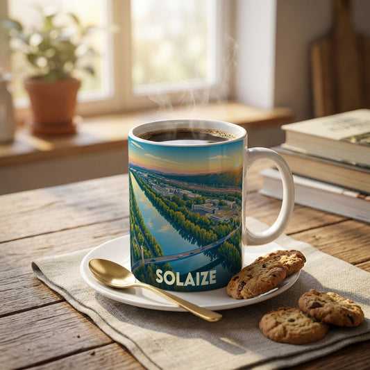 Mug souvenir de la ville de Solaize orné d'une illustration panoramique stylisée.