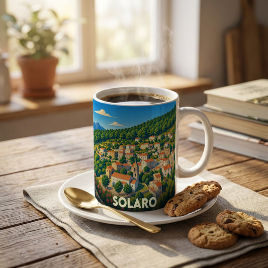 Mug souvenir de la ville de Solaro orné d'une illustration colorée et stylisée de son paysage vallonné.