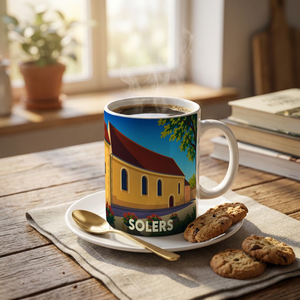 Mug souvenir de la ville de Solers illustré par une vue stylisée de son église sous un ciel bleu.