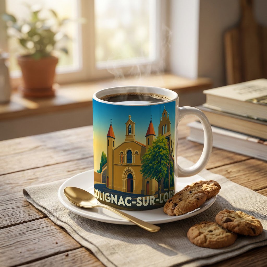 Mug souvenir de Solignac-sur-Loire avec une illustration stylisée de son église et de ses paysages.