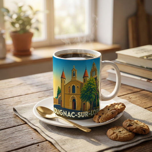 Mug souvenir de Solignac-sur-Loire avec une illustration stylisée de son église et de ses paysages.