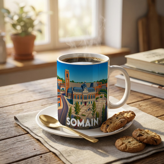 Mug souvenir de la ville de Somain avec une illustration stylisée.