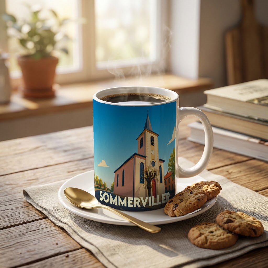 Mug souvenir de la ville de Sommerviller avec une illustration stylisée de son église.