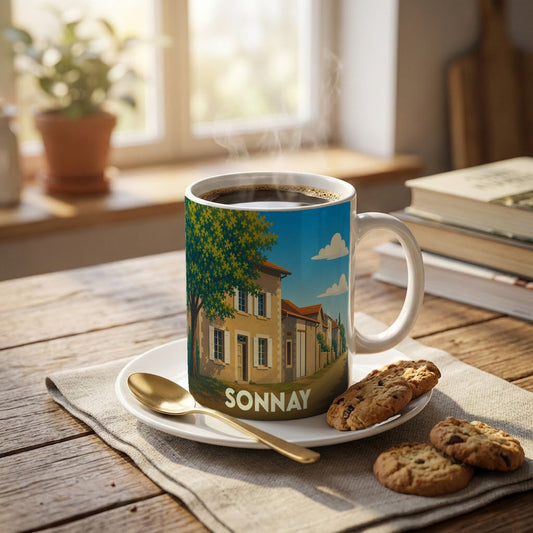 Mug souvenir de la ville de Sonnay avec une illustration stylisée.