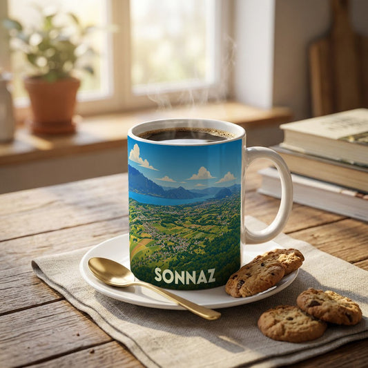 Mug souvenir de la ville de Sonnaz avec une illustration panoramique stylisée.