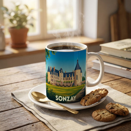 Mug souvenir de la ville de Sonzay orné d'une illustration stylisée de son château.