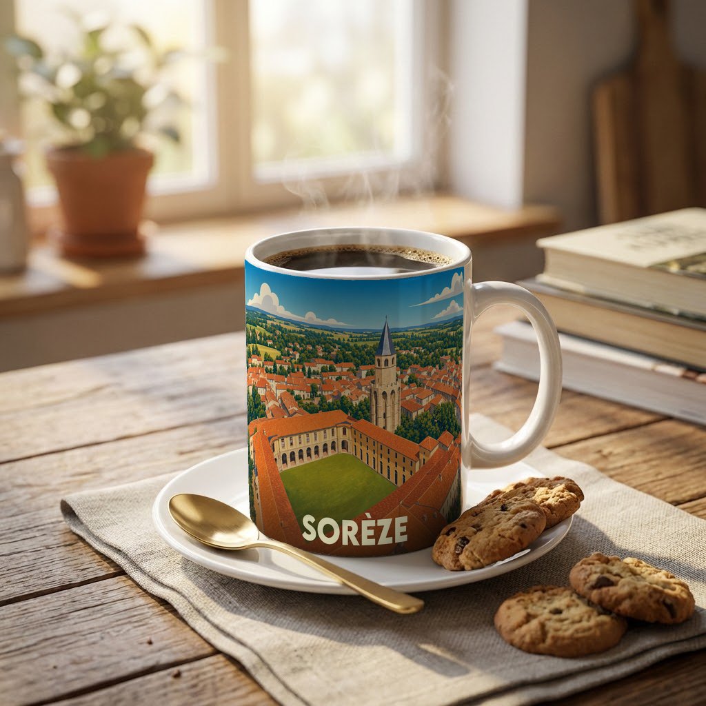 Mug souvenir de la ville de Sorèze orné d'une illustration panoramique stylisée de son abbaye-école.