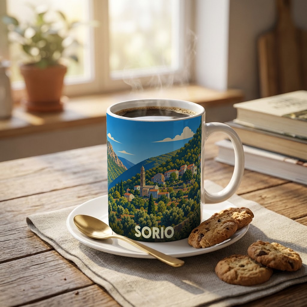 Mug souvenir de la ville de Sorio avec une illustration stylisée d'un village corse en bordure de montagne.