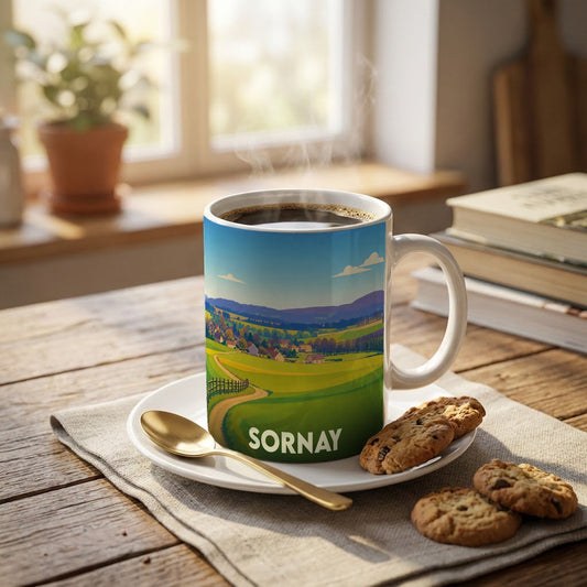 Mug souvenir de la ville de Sornay arborant une illustration stylisée de son paysage rural.